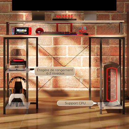 120 cm Reversible Computer Desk with LED Lights, Storage Shelves, Monitor Stand, Cable Management, Home Office Study Desk, Natural