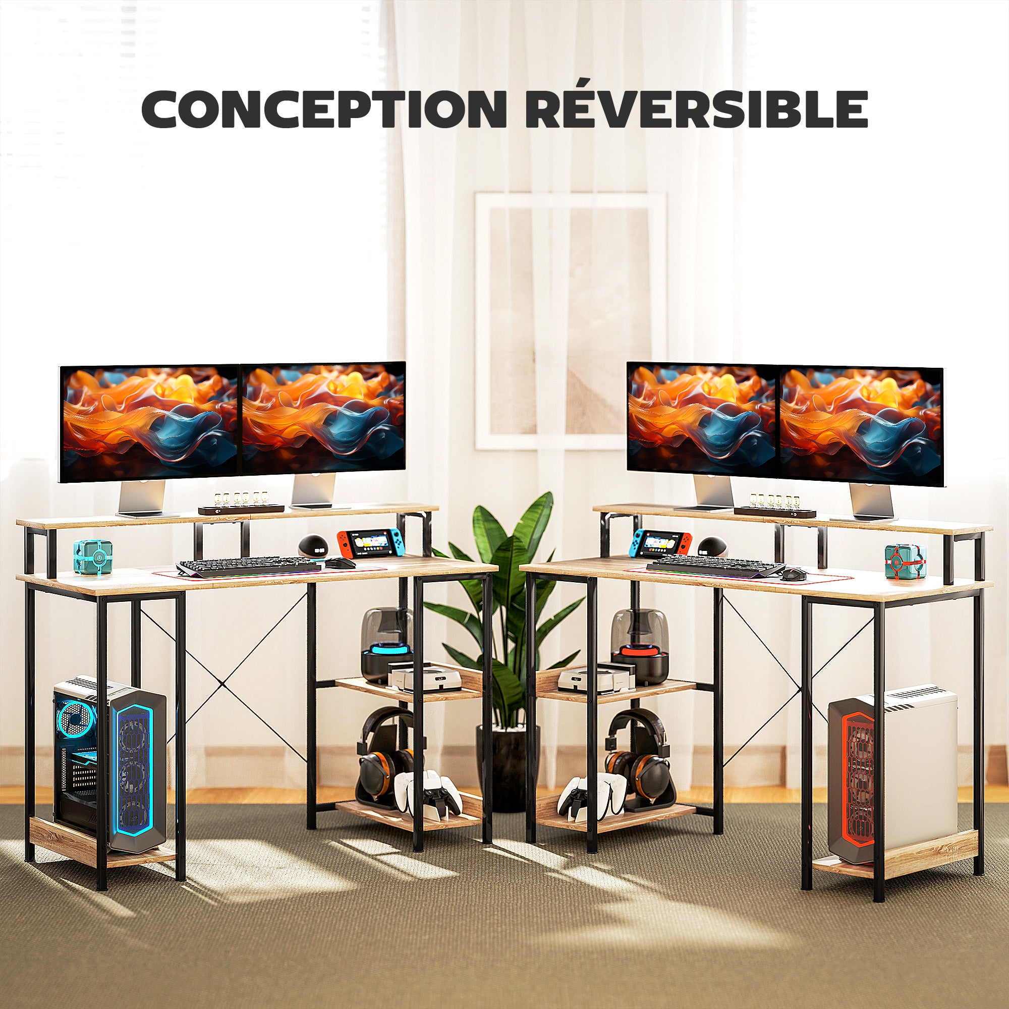 120 cm Reversible Computer Desk with LED Lights, Storage Shelves, Monitor Stand, Cable Management, Home Office Study Desk, Natural
