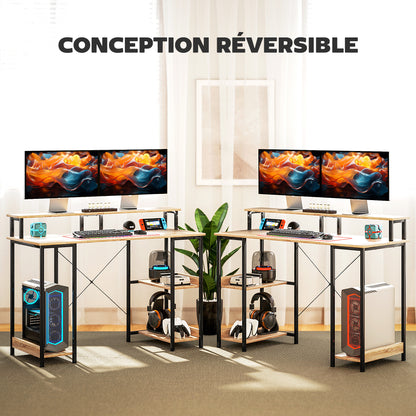 120 cm Reversible Computer Desk with LED Lights, Storage Shelves, Monitor Stand, Cable Management, Home Office Study Desk, Natural