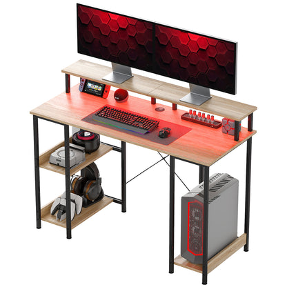 120 cm Reversible Computer Desk with LED Lights, Storage Shelves, Monitor Stand, Cable Management, Home Office Study Desk, Natural