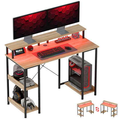 120 cm Reversible Computer Desk with LED Lights, Storage Shelves, Monitor Stand, Cable Management, Home Office Study Desk, Natural