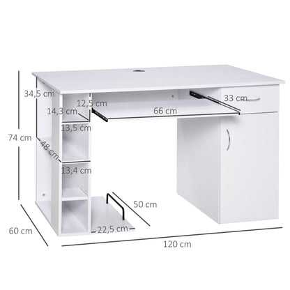 Computer Desk Multimedia Computer Table with Multiple Storage Shelves Drawer Shelf Keyboard MDF 120 x 60 x 74 cm White