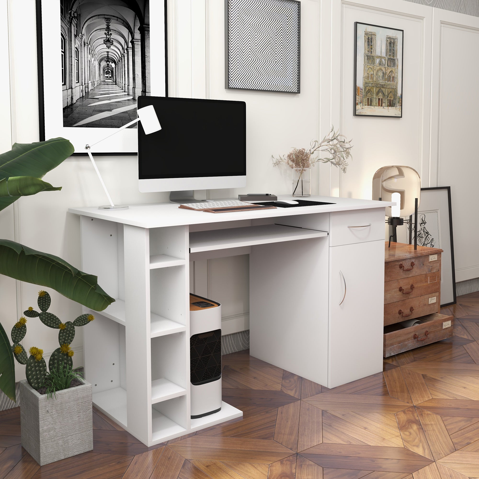 Computer Desk Multimedia Computer Table with Multiple Storage Shelves Drawer Shelf Keyboard MDF 120 x 60 x 74 cm White