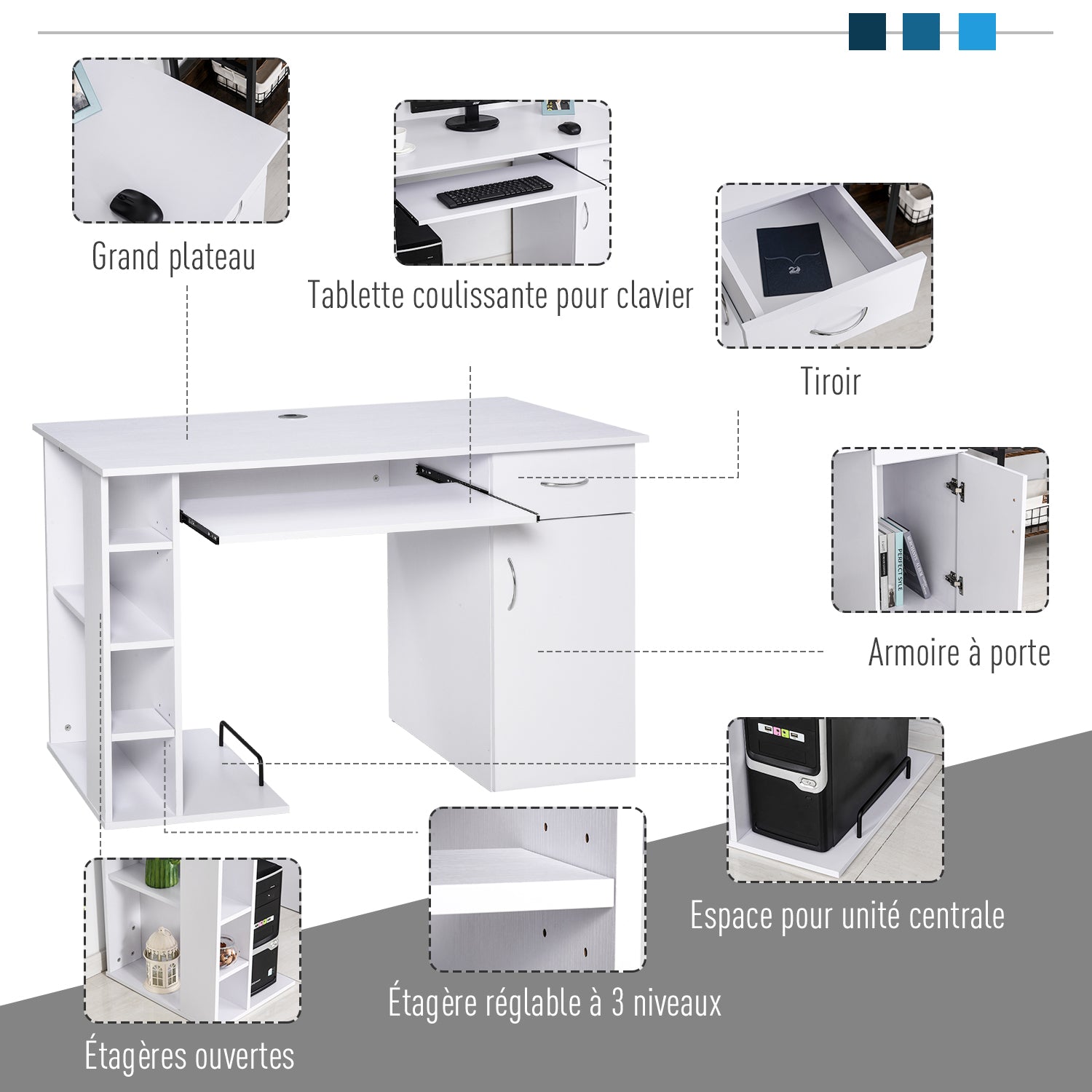 Computer Desk Multimedia Computer Table with Multiple Storage Shelves Drawer Shelf Keyboard MDF 120 x 60 x 74 cm White