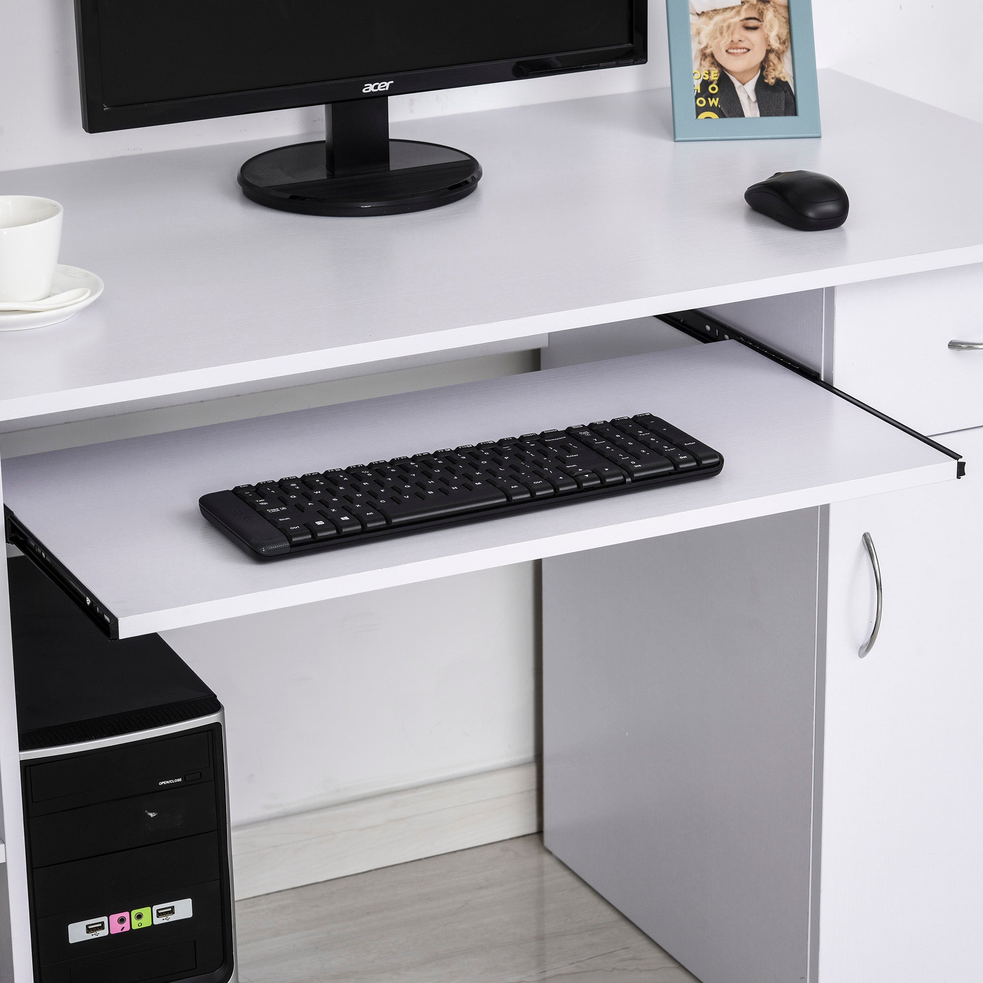 Computer Desk Multimedia Computer Table with Multiple Storage Shelves Drawer Shelf Keyboard MDF 120 x 60 x 74 cm White