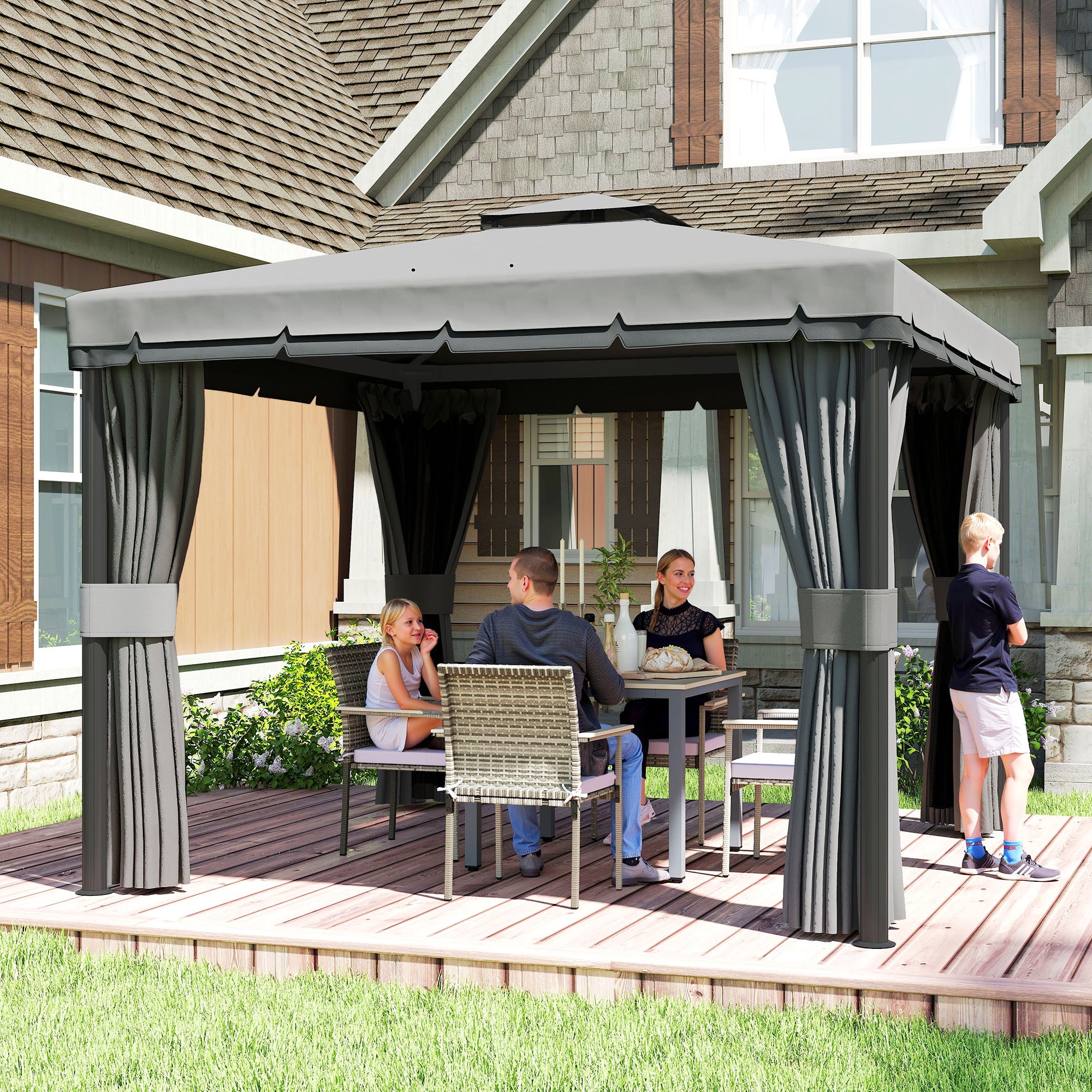 10'x10' Waterproof Garden Gazebo with Double Roof, Zippered Mosquito Nets, Aluminum Frame – Dark Gray