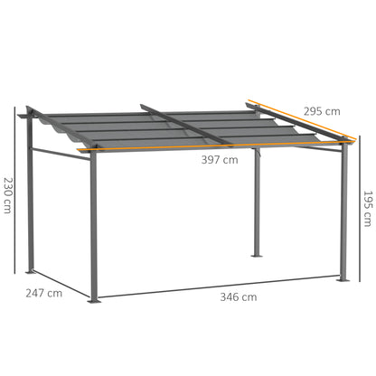 Terrace Roof Pergola approx. 4x3m Terrace Canopy Garden Pavilion Aluminum, Wall-Mounted, Garden Gazebo with Adjustable Roof, UV Protection, Sun Protection for Terrace and Garden, Dark Gray