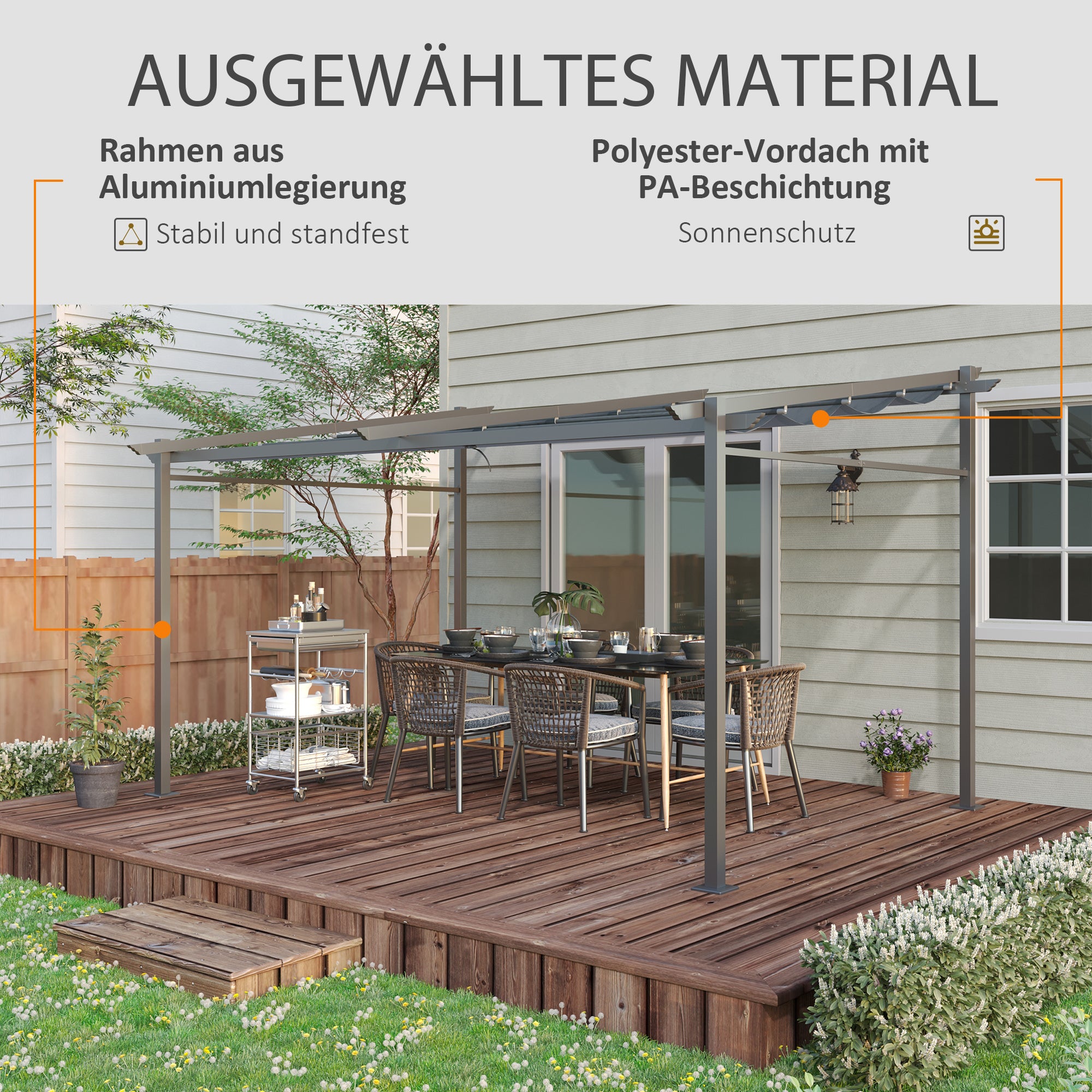 Terrace Roof Pergola approx. 4x3m Terrace Canopy Garden Pavilion Aluminum, Wall-Mounted, Garden Gazebo with Adjustable Roof, UV Protection, Sun Protection for Terrace and Garden, Dark Gray