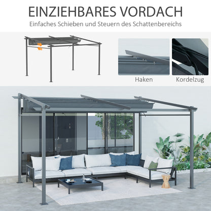 Terrace Roof Pergola approx. 4x3m Terrace Canopy Garden Pavilion Aluminum, Wall-Mounted, Garden Gazebo with Adjustable Roof, UV Protection, Sun Protection for Terrace and Garden, Dark Gray
