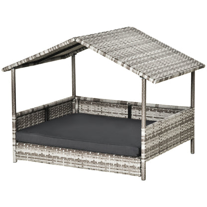 Rattan Dog Lounge Outdoor with Roof, Elevated Dog Bed for Small and Medium Dogs, Cooling Pet Lounger with Metal Frame, Pet Bed for Outdoors, 69 x 98 x 70 cm, Gray