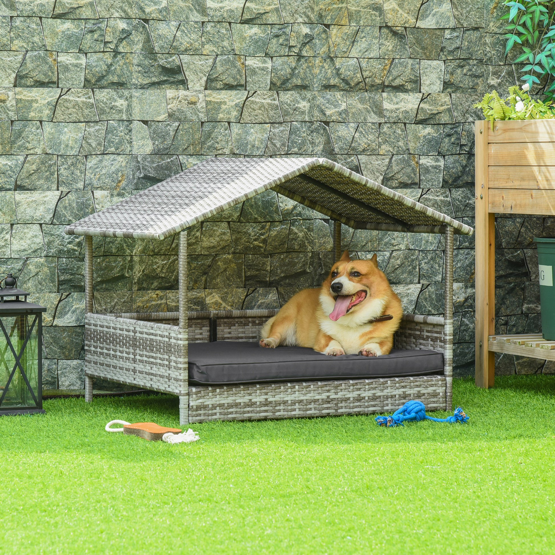 Rattan Dog Lounge Outdoor with Roof, Elevated Dog Bed for Small and Medium Dogs, Cooling Pet Lounger with Metal Frame, Pet Bed for Outdoors, 69 x 98 x 70 cm, Gray