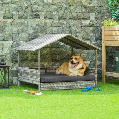 Rattan Dog Lounge Outdoor with Roof, Elevated Dog Bed for Small and Medium Dogs, Cooling Pet Lounger with Metal Frame, Pet Bed for Outdoors, 69 x 98 x 70 cm, Gray