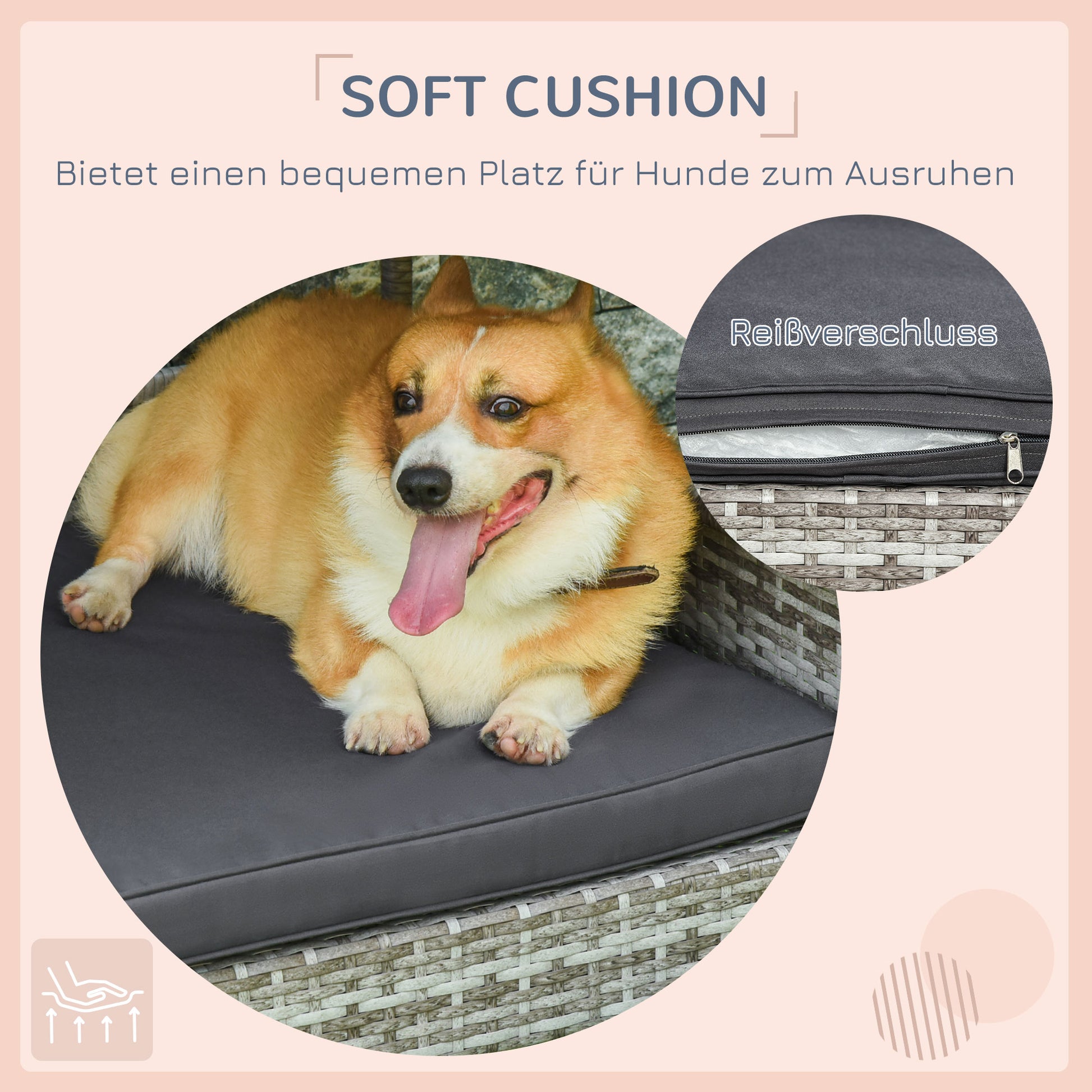 Rattan Dog Lounge Outdoor with Roof, Elevated Dog Bed for Small and Medium Dogs, Cooling Pet Lounger with Metal Frame, Pet Bed for Outdoors, 69 x 98 x 70 cm, Gray