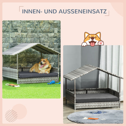 Rattan Dog Lounge Outdoor with Roof, Elevated Dog Bed for Small and Medium Dogs, Cooling Pet Lounger with Metal Frame, Pet Bed for Outdoors, 69 x 98 x 70 cm, Gray