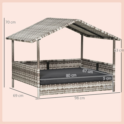 Rattan Dog Lounge Outdoor with Roof, Elevated Dog Bed for Small and Medium Dogs, Cooling Pet Lounger with Metal Frame, Pet Bed for Outdoors, 69 x 98 x 70 cm, Gray