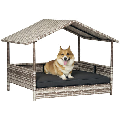 Rattan Dog Lounge Outdoor with Roof, Elevated Dog Bed for Small and Medium Dogs, Cooling Pet Lounger with Metal Frame, Pet Bed for Outdoors, 69 x 98 x 70 cm, Gray
