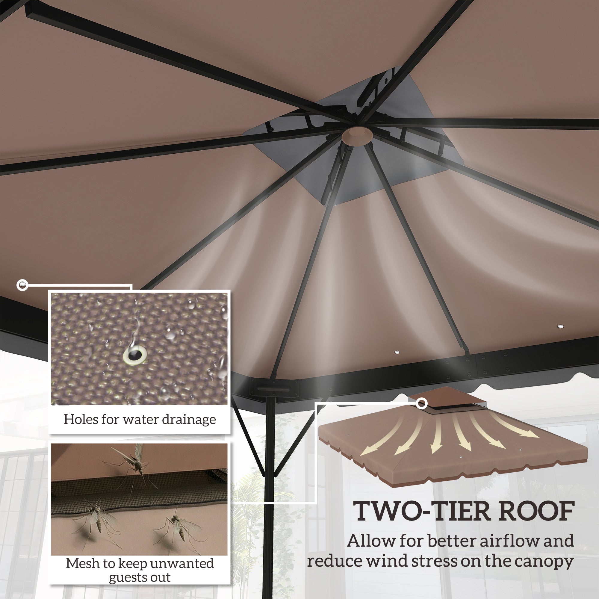 Replacement Canopy for 3 x 3 m Gazebo — Water-Resistant Double Roof with Drainage Holes, Polyester Cover, Khaki