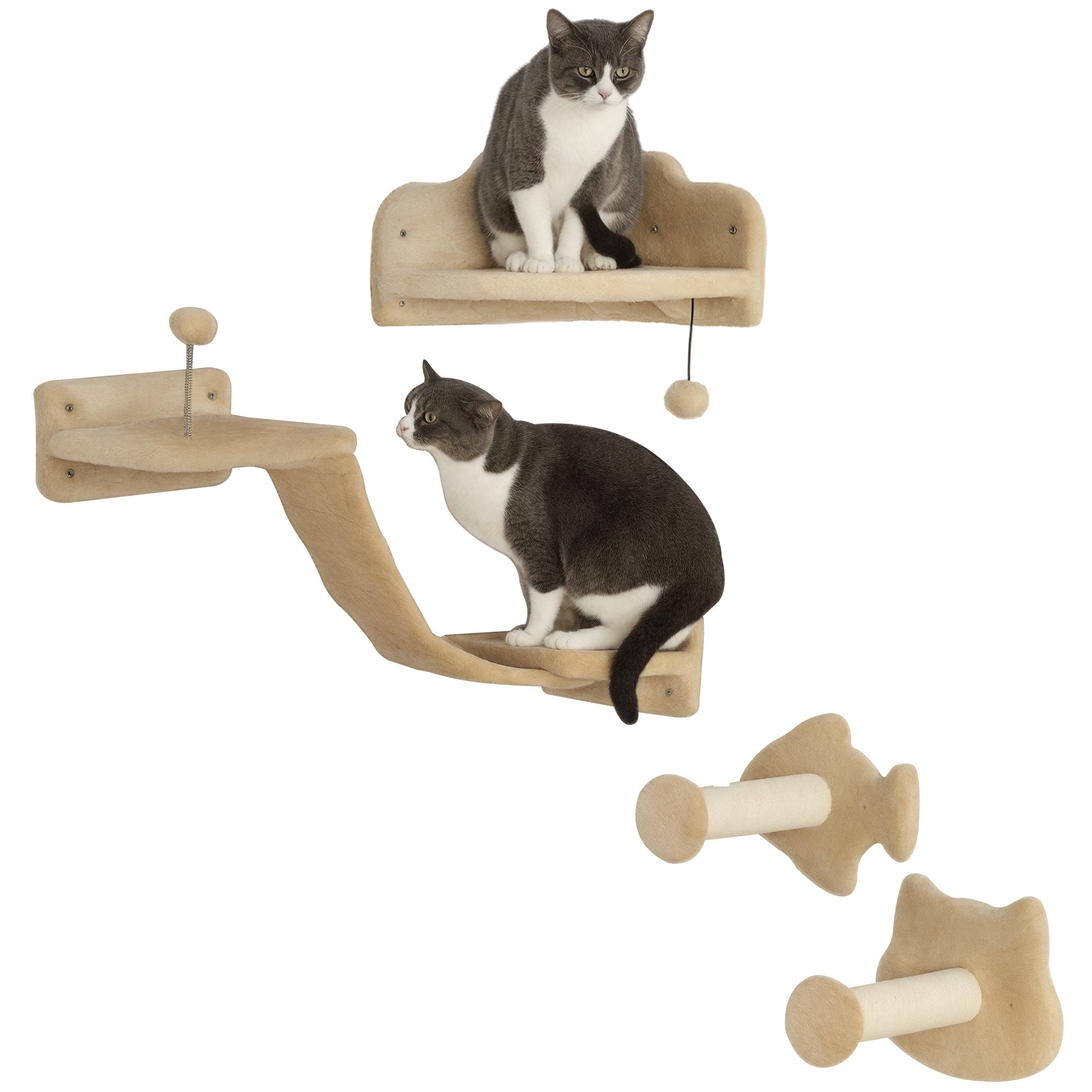 4-Piece Cat Wall Shelves Set Cat Wall Scratcher with 2 Sisal Posts Double Platform with Soft Ladder and 1 Corner Jumping Platform Beige