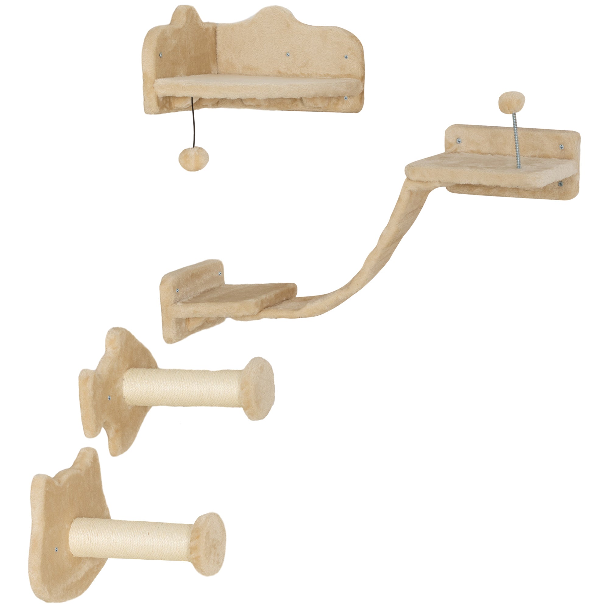 4-Piece Cat Wall Shelves Set Cat Wall Scratcher with 2 Sisal Posts Double Platform with Soft Ladder and 1 Corner Jumping Platform Beige