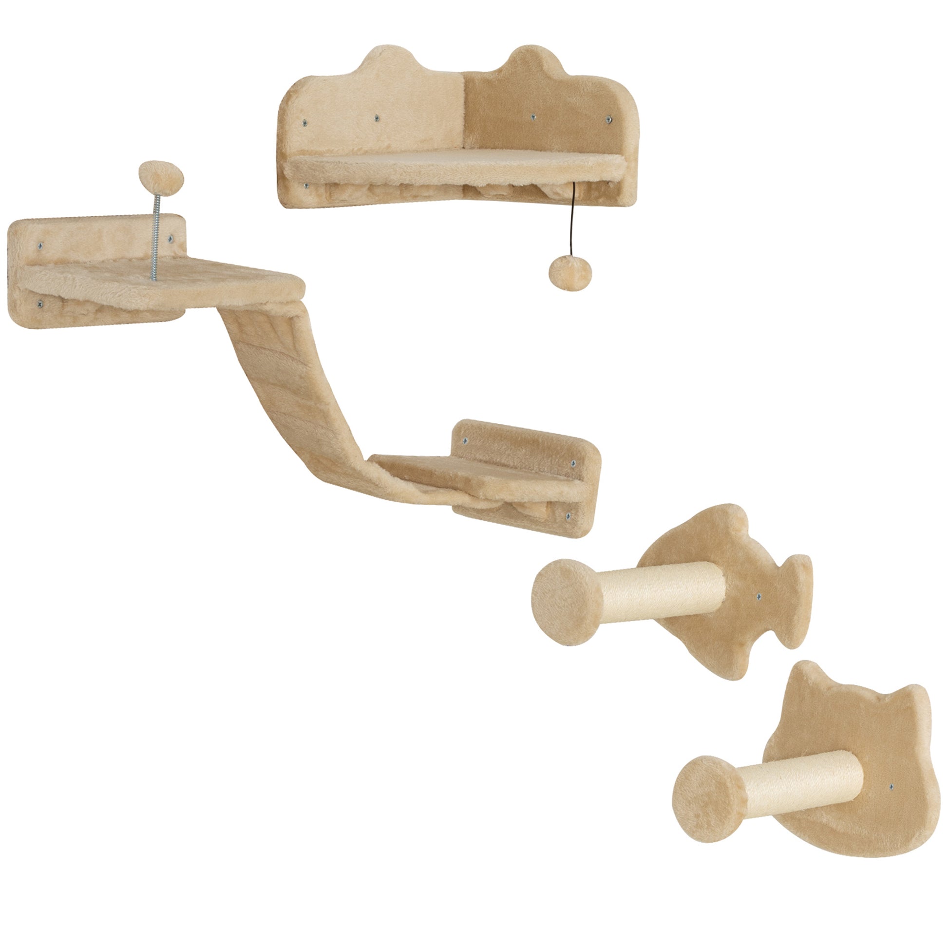 4-Piece Cat Wall Shelves Set Cat Wall Scratcher with 2 Sisal Posts Double Platform with Soft Ladder and 1 Corner Jumping Platform Beige