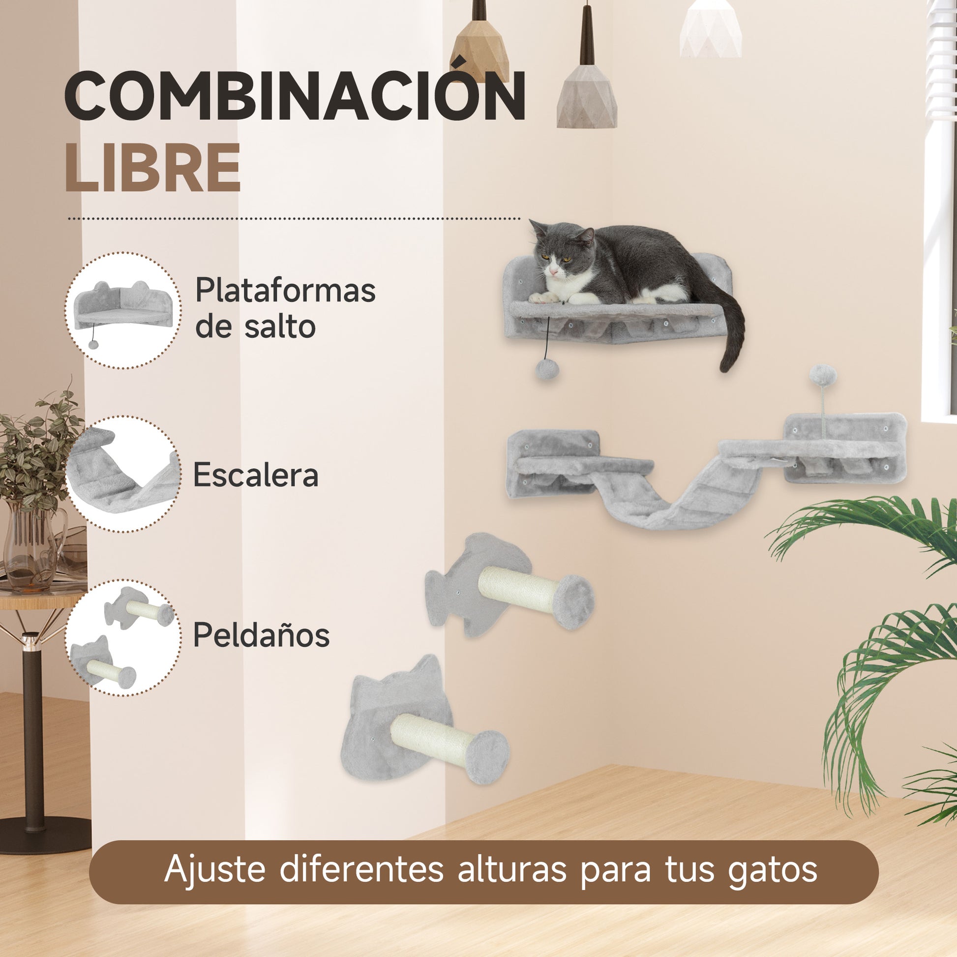 4-Piece Cat Wall Shelves Set Cat Wall Scratcher with 2 Sisal Posts Double Platform with Soft Ladder and 1 Corner Jumping Platform Beige