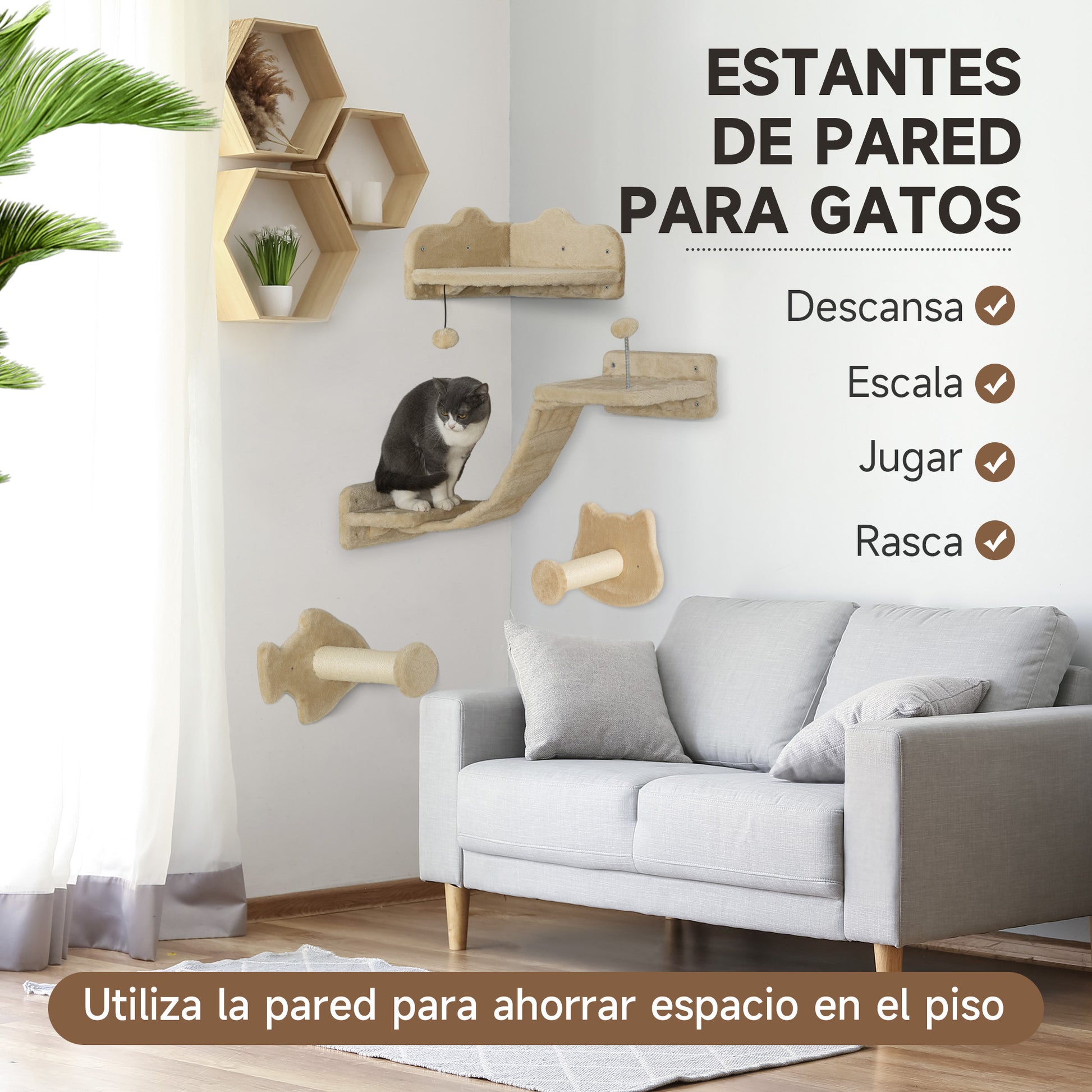 4-Piece Cat Wall Shelves Set Cat Wall Scratcher with 2 Sisal Posts Double Platform with Soft Ladder and 1 Corner Jumping Platform Beige