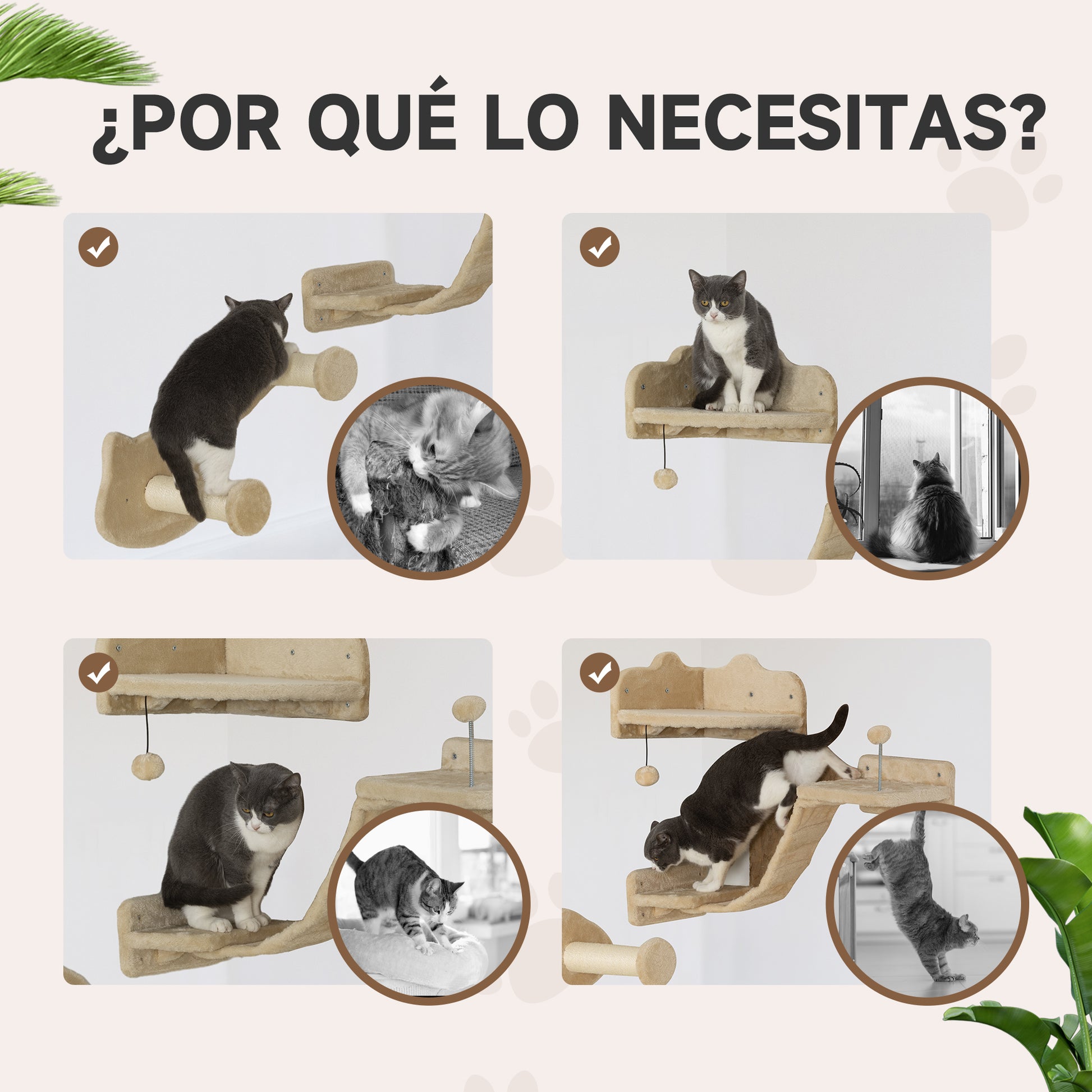 4-Piece Cat Wall Shelves Set Cat Wall Scratcher with 2 Sisal Posts Double Platform with Soft Ladder and 1 Corner Jumping Platform Beige