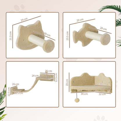 4-Piece Cat Wall Shelves Set Cat Wall Scratcher with 2 Sisal Posts Double Platform with Soft Ladder and 1 Corner Jumping Platform Beige