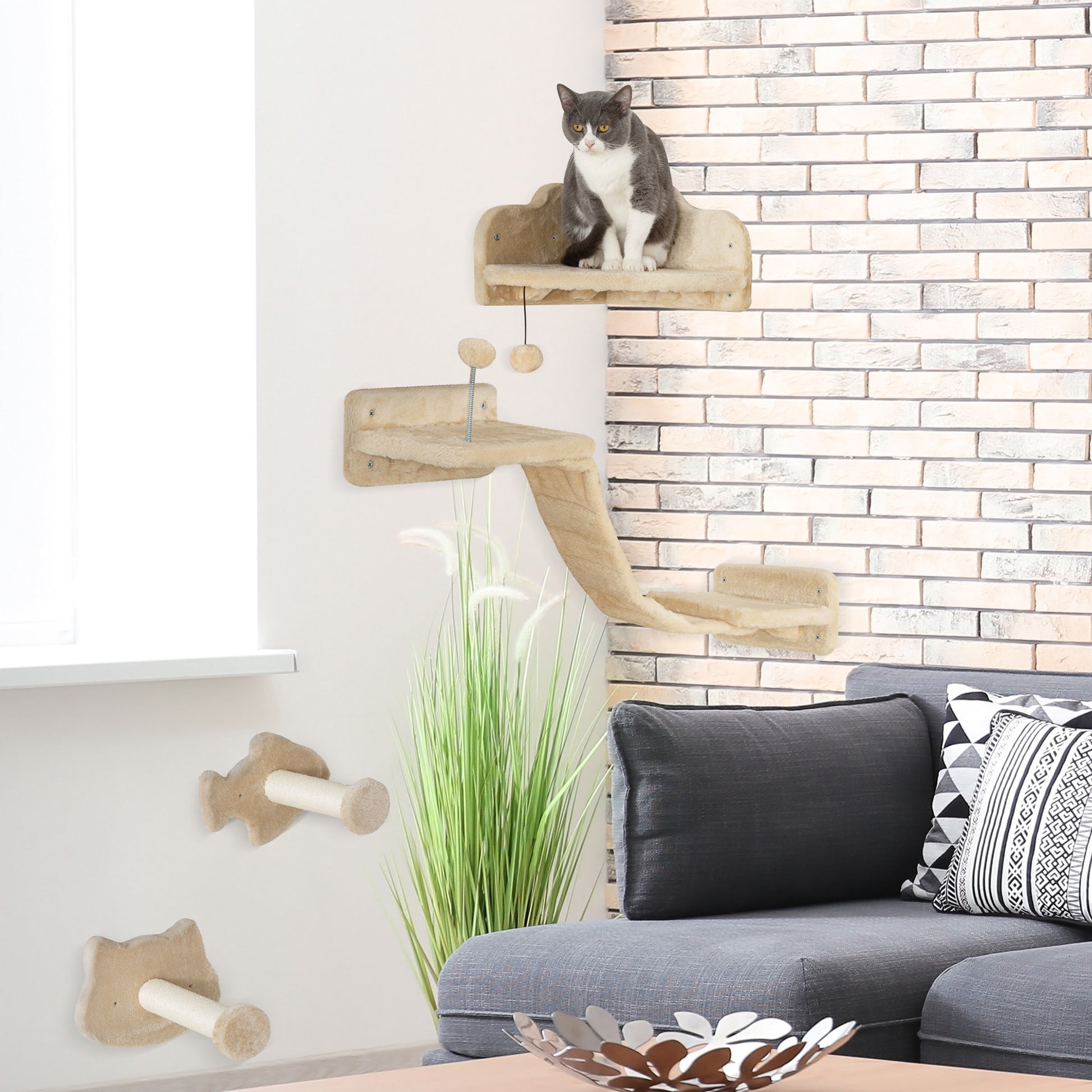 4-Piece Cat Wall Shelves Set Cat Wall Scratcher with 2 Sisal Posts Double Platform with Soft Ladder and 1 Corner Jumping Platform Beige