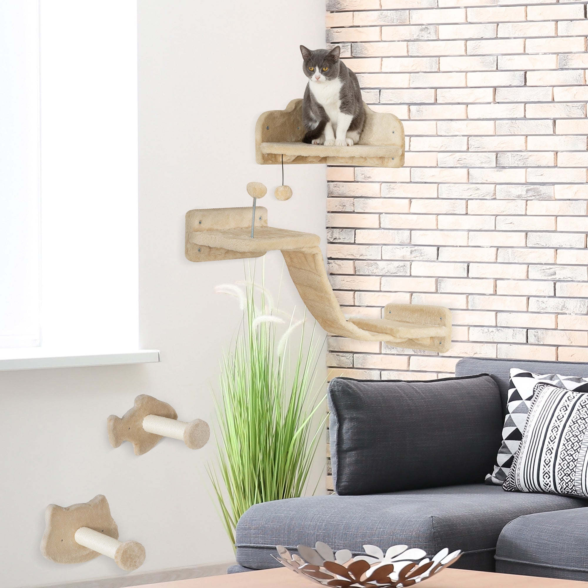 4-Piece Cat Wall Shelves Set Cat Wall Scratcher with 2 Sisal Posts Double Platform with Soft Ladder and 1 Corner Jumping Platform Beige
