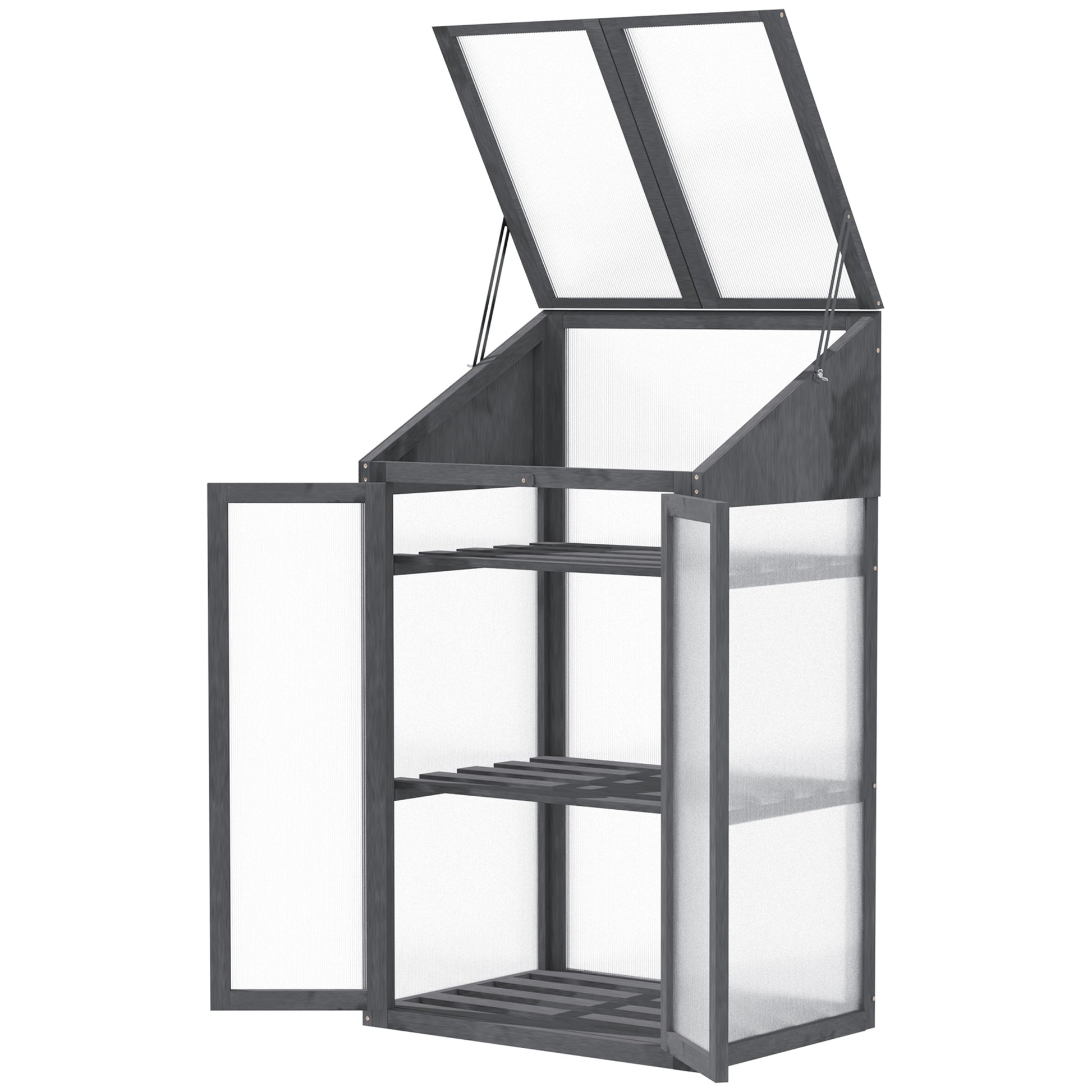 Wooden Mini Greenhouse 70 x 50 x 120 cm, Greenhouse with Cover, Window, Double Door, Light-Transmitting Cold Frame with 3 Shelves, Winterproof Elevated Garden Bed for Garden, Balcony, Gray