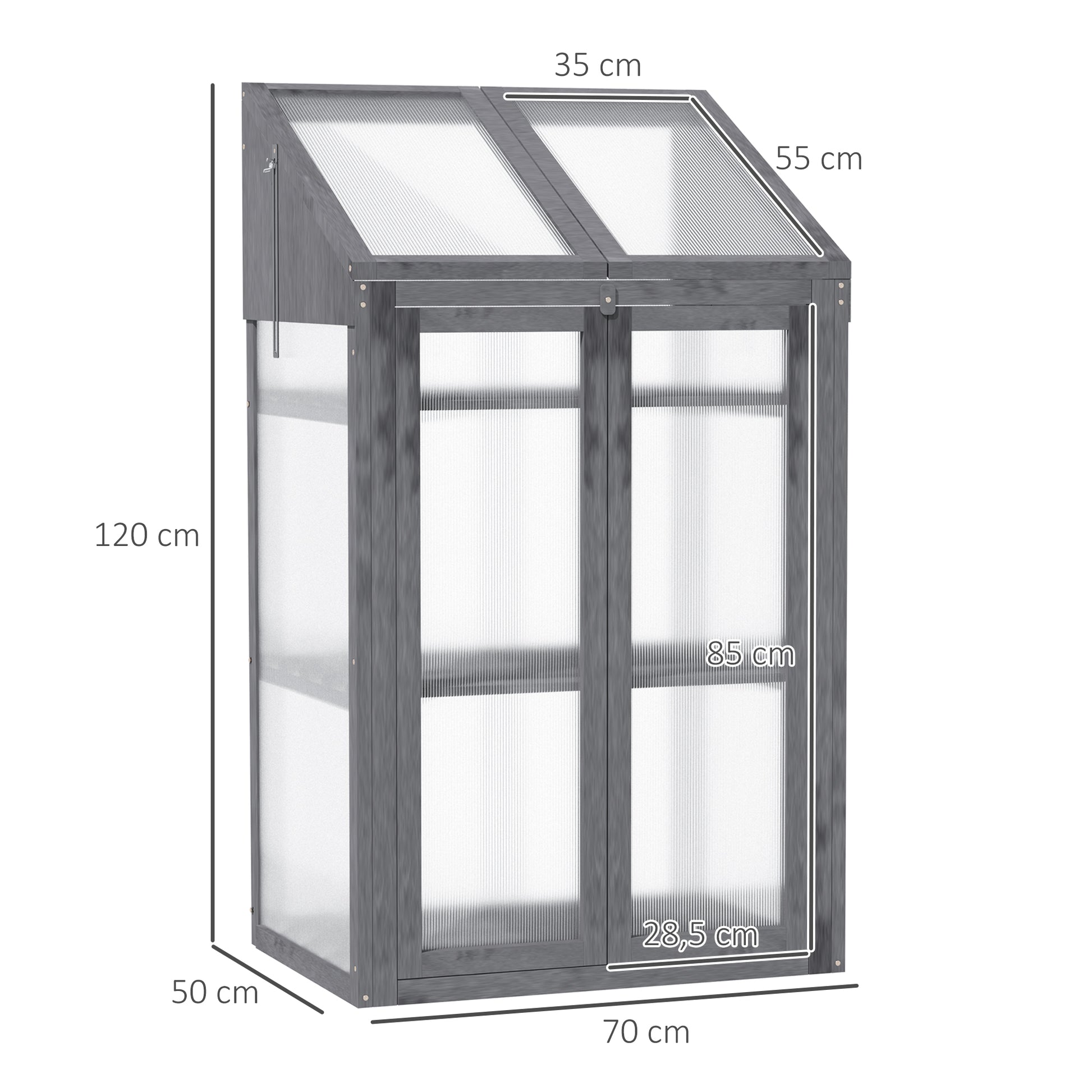 Wooden Mini Greenhouse 70 x 50 x 120 cm, Greenhouse with Cover, Window, Double Door, Light-Transmitting Cold Frame with 3 Shelves, Winterproof Elevated Garden Bed for Garden, Balcony, Gray