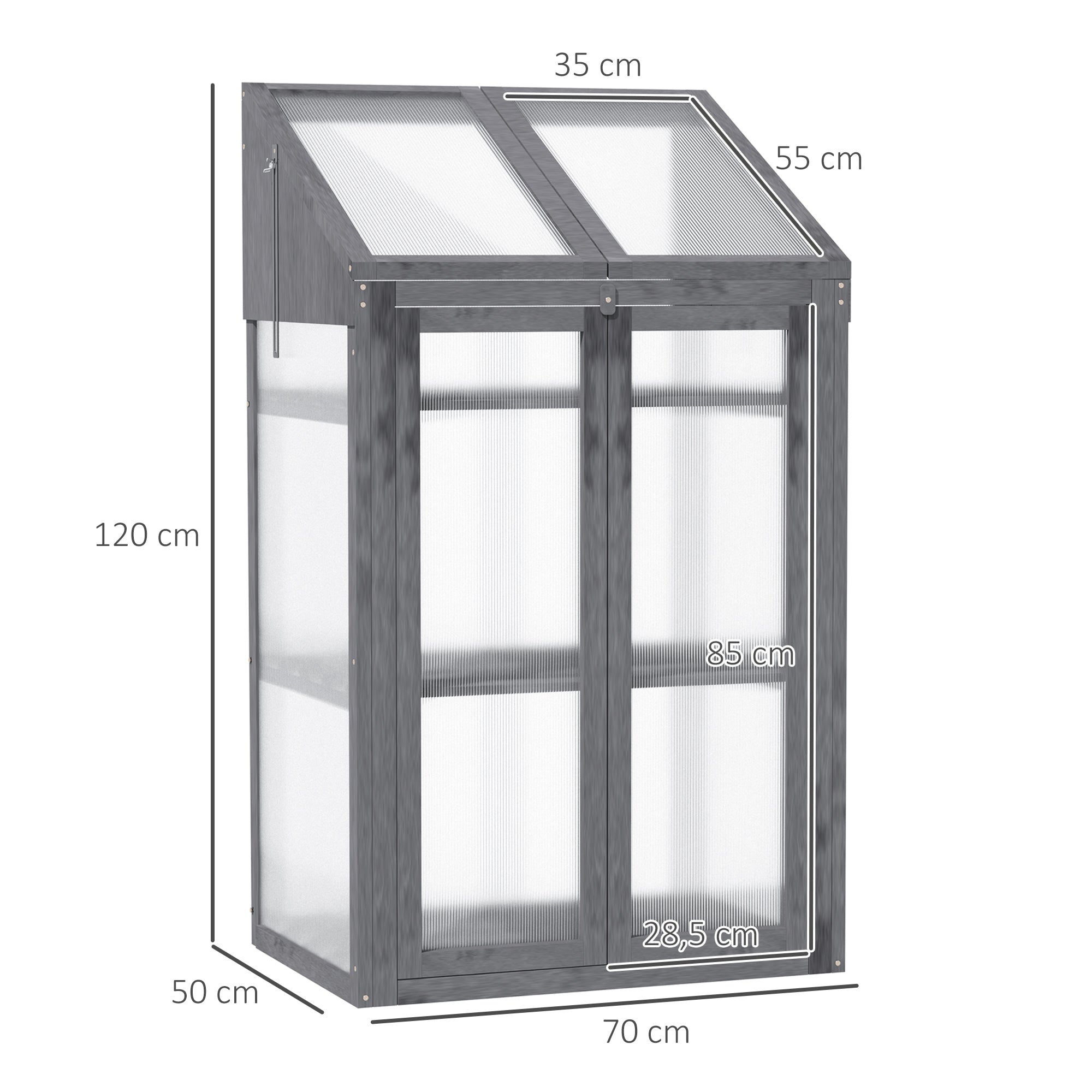 Wooden Mini Greenhouse 70 x 50 x 120 cm, Greenhouse with Cover, Window, Double Door, Light-Transmitting Cold Frame with 3 Shelves, Winterproof Elevated Garden Bed for Garden, Balcony, Gray