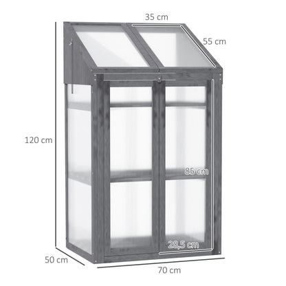 Wooden Mini Greenhouse 70 x 50 x 120 cm, Greenhouse with Cover, Window, Double Door, Light-Transmitting Cold Frame with 3 Shelves, Winterproof Elevated Garden Bed for Garden, Balcony, Gray