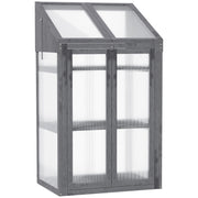 Wooden Mini Greenhouse 70 x 50 x 120 cm, Greenhouse with Cover, Window, Double Door, Light-Transmitting Cold Frame with 3 Shelves, Winterproof Elevated Garden Bed for Garden, Balcony, Gray
