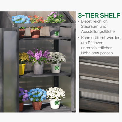 Wooden Mini Greenhouse 70 x 50 x 120 cm, Greenhouse with Cover, Window, Double Door, Light-Transmitting Cold Frame with 3 Shelves, Winterproof Elevated Garden Bed for Garden, Balcony, Gray