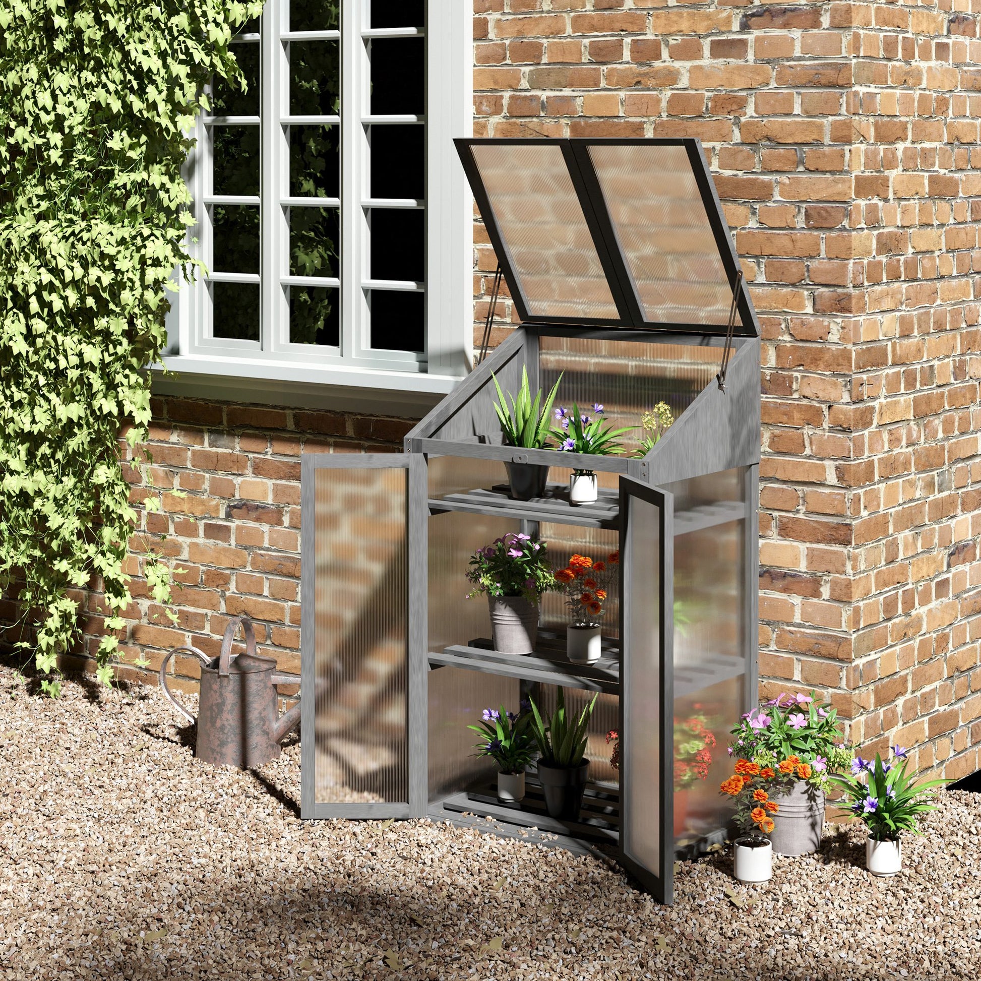 Wooden Mini Greenhouse 70 x 50 x 120 cm, Greenhouse with Cover, Window, Double Door, Light-Transmitting Cold Frame with 3 Shelves, Winterproof Elevated Garden Bed for Garden, Balcony, Gray