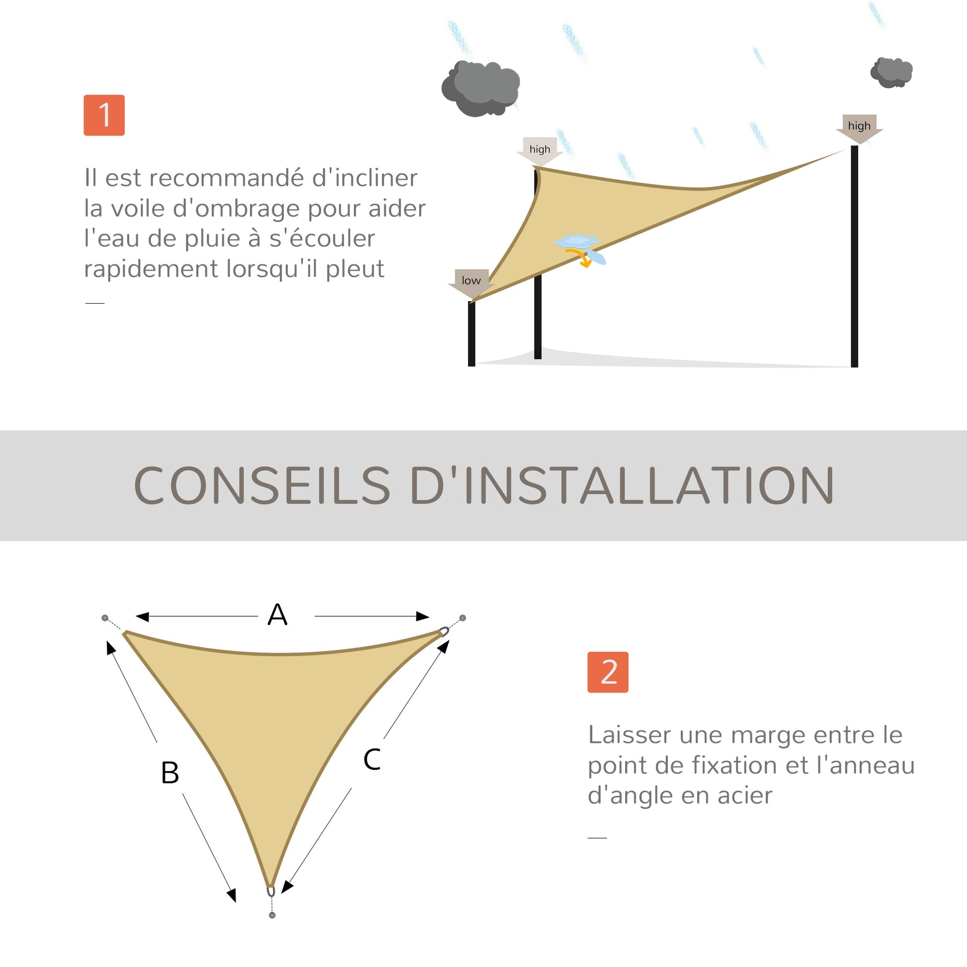 Large Triangular Shade Sail 4 x 4 x 4 m High-Density Polyethylene UV-Resistant Sand Color