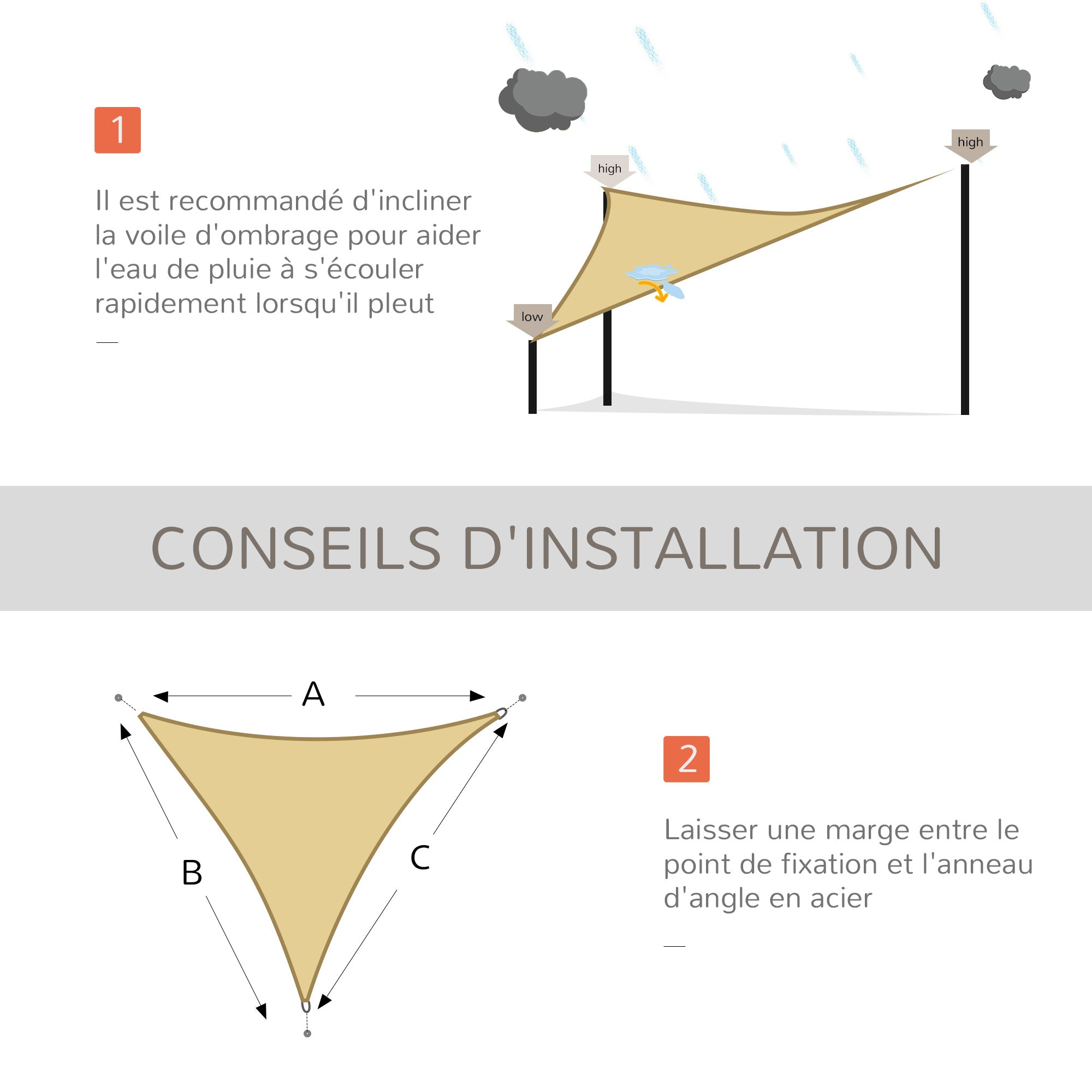 Large Triangular Shade Sail 4 x 4 x 4 m High-Density Polyethylene UV-Resistant Sand Color