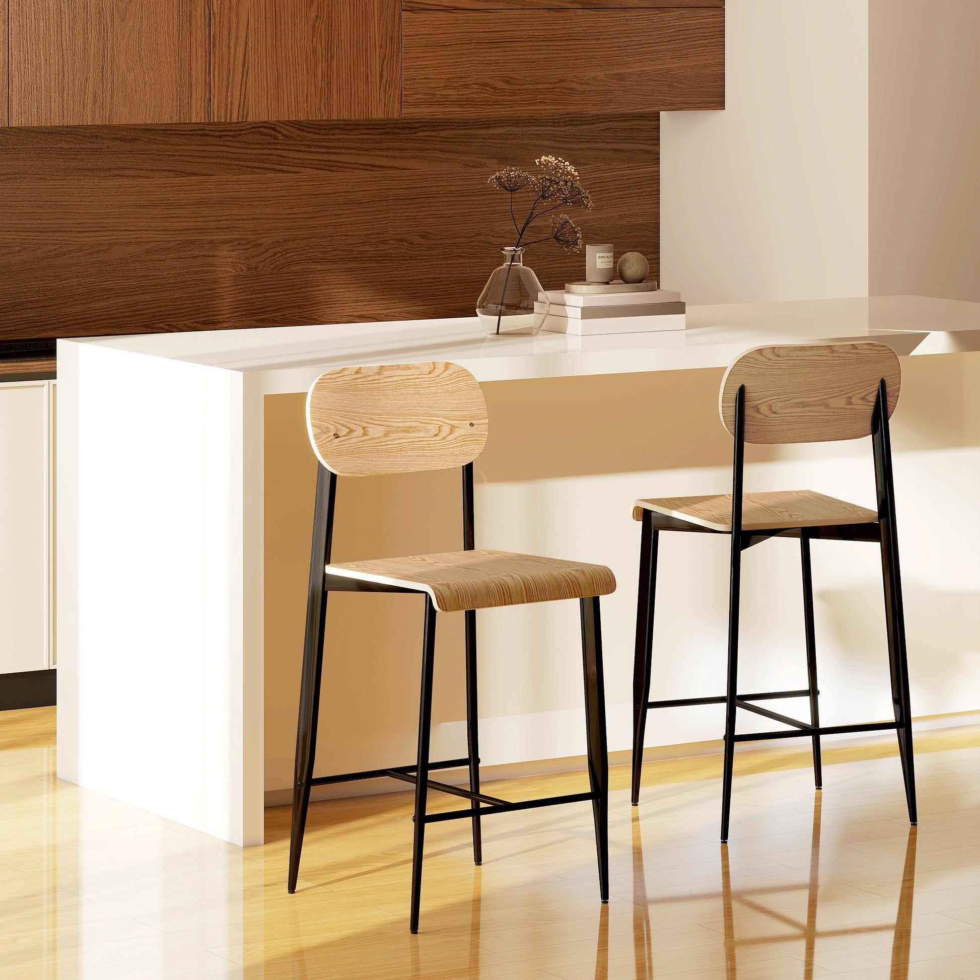Set of 2 Bar Stools, Bar Chair with Footrest, Metal Frame, Kitchen Chair with 66 cm Seat Height, Counter Stool Easy Assembly, Industrial Design Natural Wood+Black