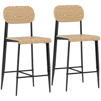 Set of 2 Bar Stools, Bar Chair with Footrest, Metal Frame, Kitchen Chair with 66 cm Seat Height, Counter Stool Easy Assembly, Industrial Design Natural Wood+Black
