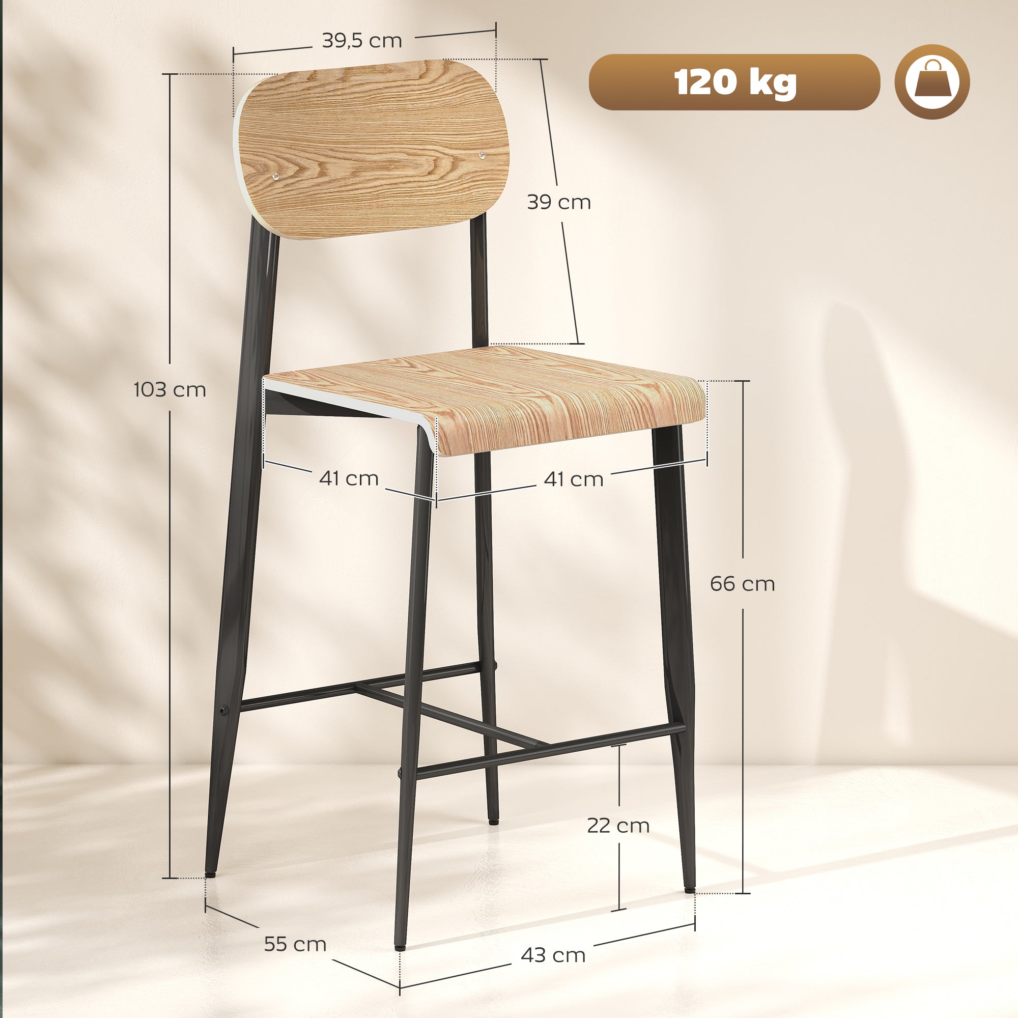 Set of 2 Bar Stools, Bar Chair with Footrest, Metal Frame, Kitchen Chair with 66 cm Seat Height, Counter Stool Easy Assembly, Industrial Design Natural Wood+Black