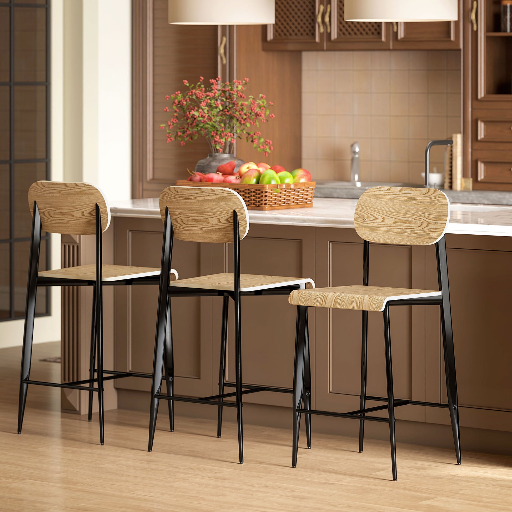 Set of 2 Bar Stools, Bar Chair with Footrest, Metal Frame, Kitchen Chair with 66 cm Seat Height, Counter Stool Easy Assembly, Industrial Design Natural Wood+Black