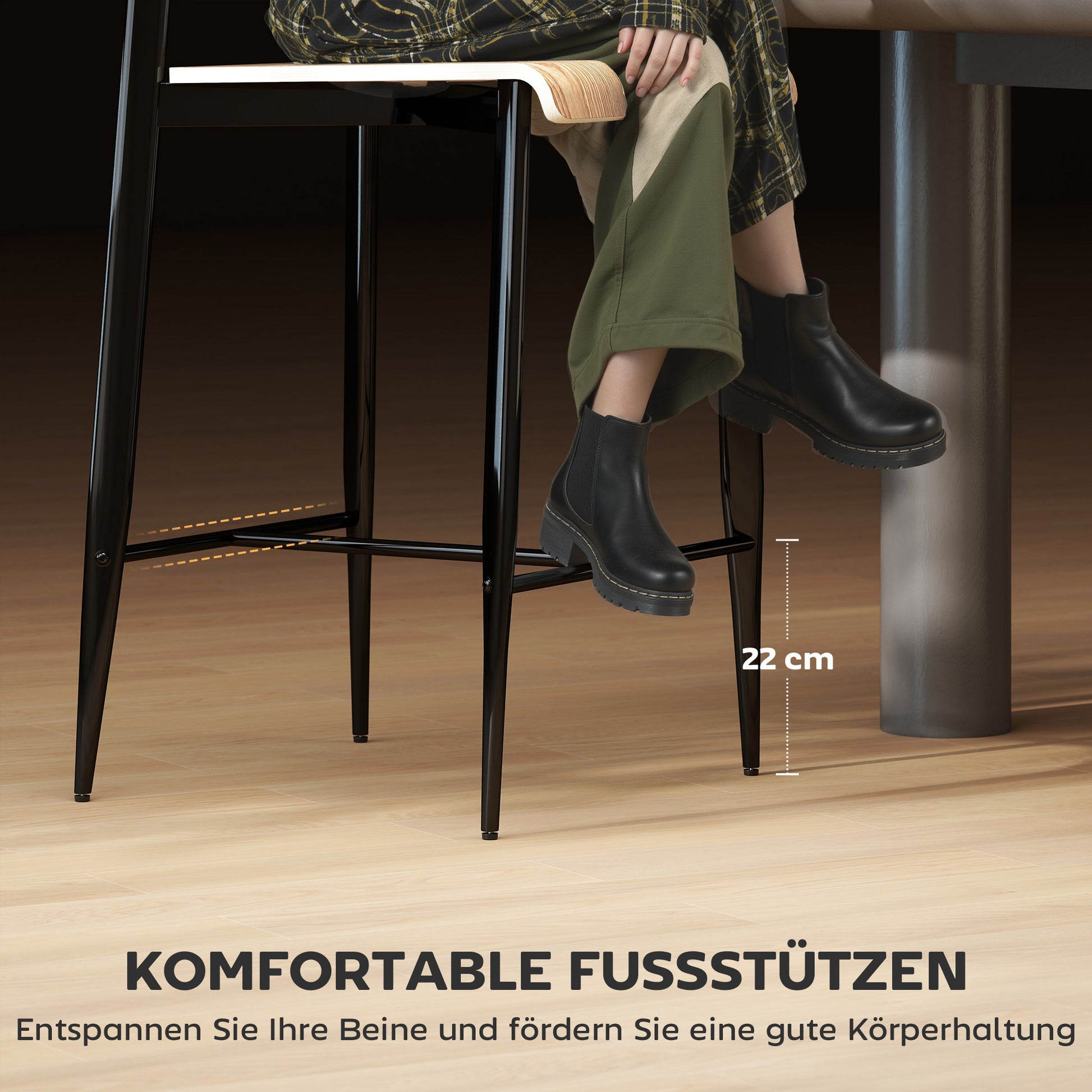 Set of 2 Bar Stools, Bar Chair with Footrest, Metal Frame, Kitchen Chair with 66 cm Seat Height, Counter Stool Easy Assembly, Industrial Design Natural Wood+Black