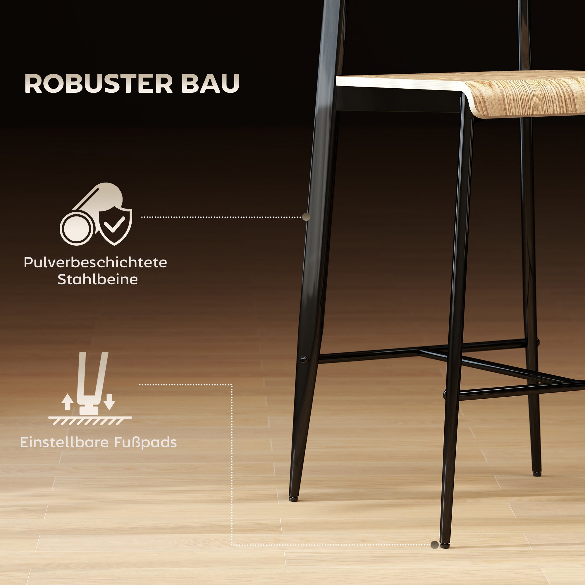 Set of 2 Bar Stools, Bar Chair with Footrest, Metal Frame, Kitchen Chair with 66 cm Seat Height, Counter Stool Easy Assembly, Industrial Design Natural Wood+Black