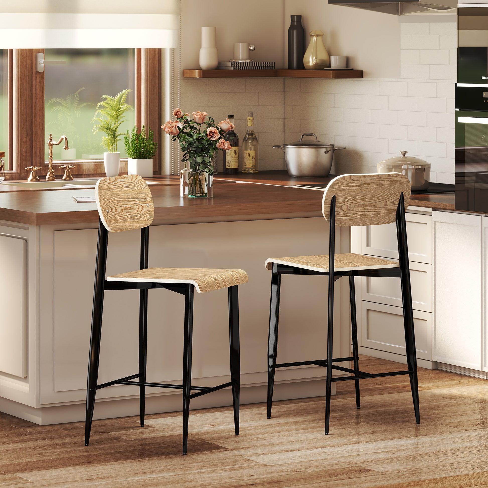 Set of 2 Bar Stools, Bar Chair with Footrest, Metal Frame, Kitchen Chair with 66 cm Seat Height, Counter Stool Easy Assembly, Industrial Design Natural Wood+Black