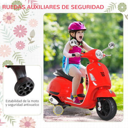 Electric Motorcycle for Kids 3-6 Years Old with VESPA License Battery-Powered Kids Motorcycle with Music Speed 2-3 km/h and Horn Load 25 kg Red