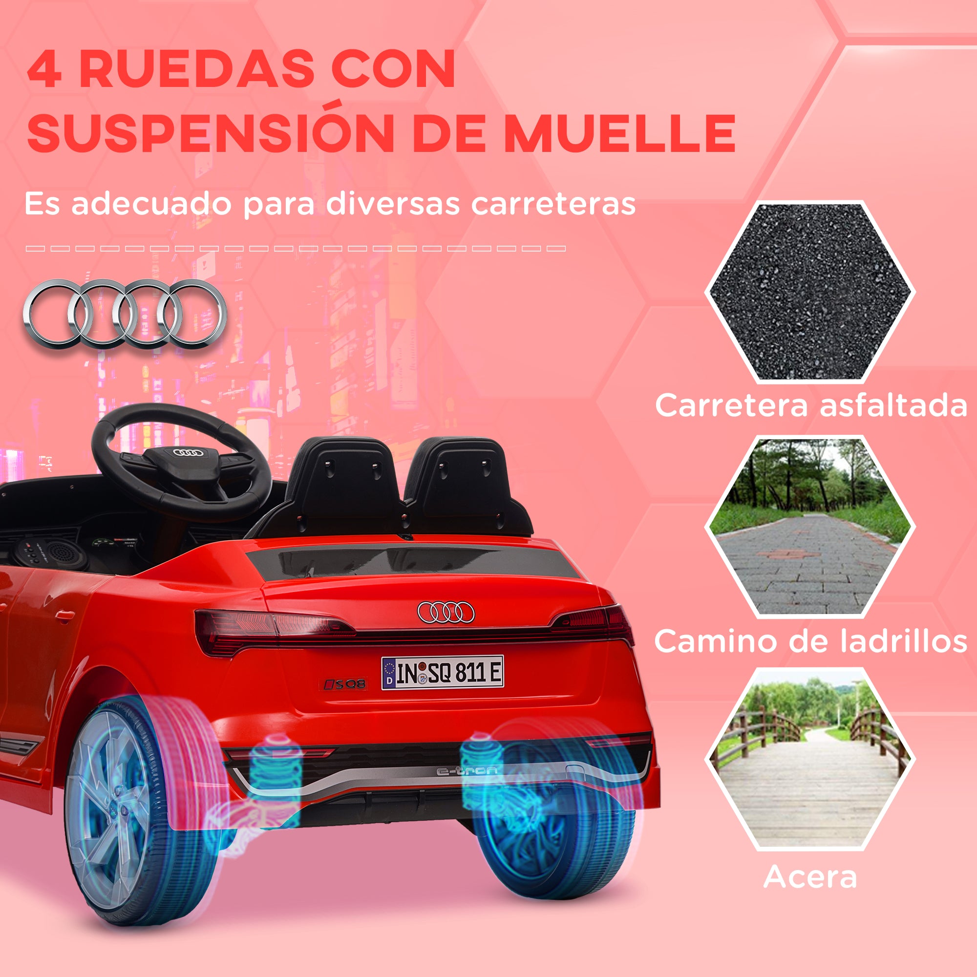 Electric Car for Kids +3 Years Audi Q8 etron Sportback 12V Battery Remote Control Spring Suspension Wheels Headlights Horn and Music Red