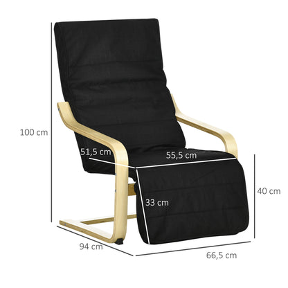 Armchair Living Room Recliner Lounge Chair Relax Chair with Armrests made of Birchwood, 5-position adjustable footrest, Reading Chair with Linen Look, Upholstered Chair for Bedroom, Black