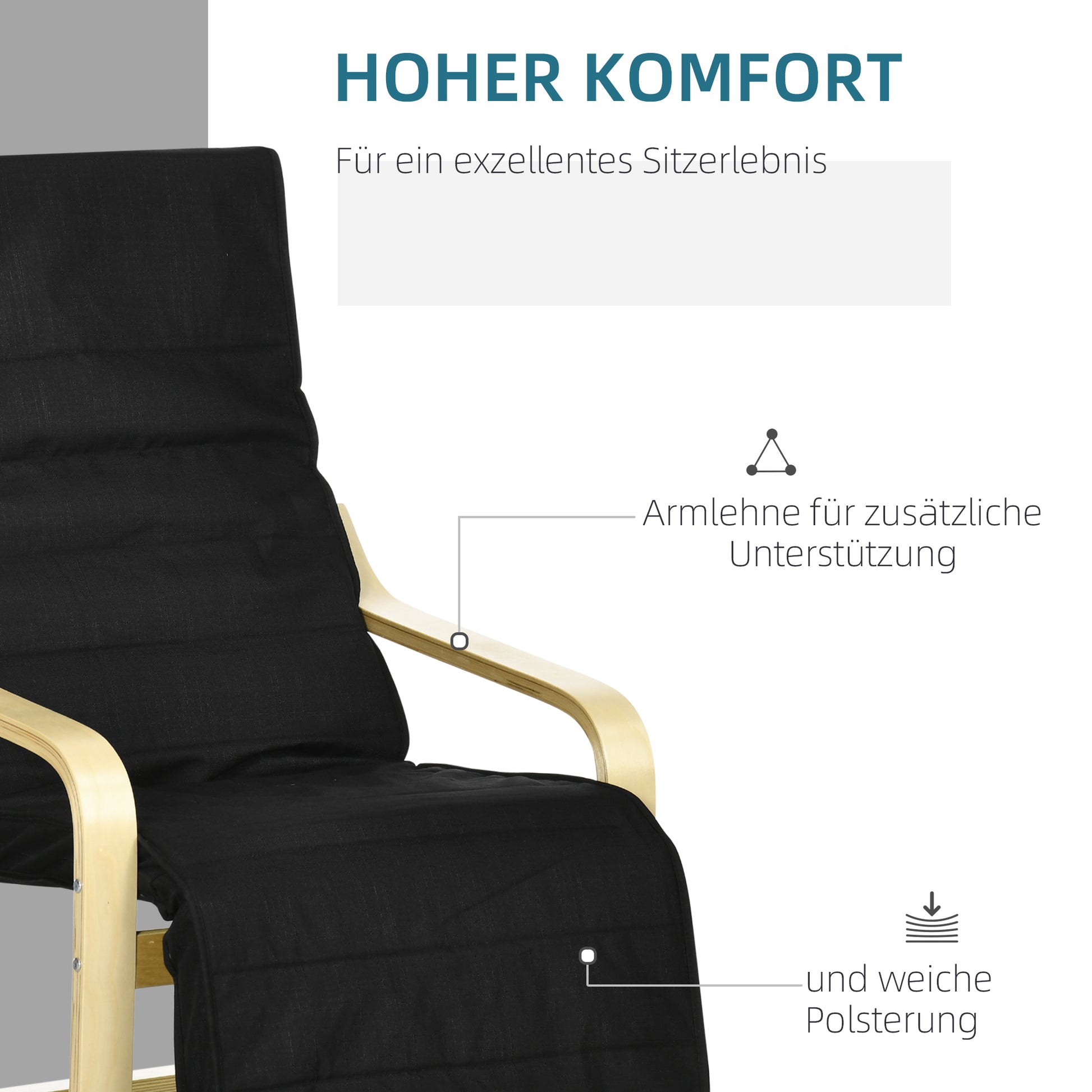 Armchair Living Room Recliner Lounge Chair Relax Chair with Armrests made of Birchwood, 5-position adjustable footrest, Reading Chair with Linen Look, Upholstered Chair for Bedroom, Black